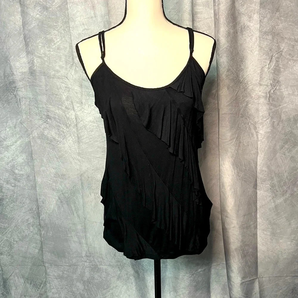 AB Studio Ruffle Layered Black Spaghetti Strap Tank - medium